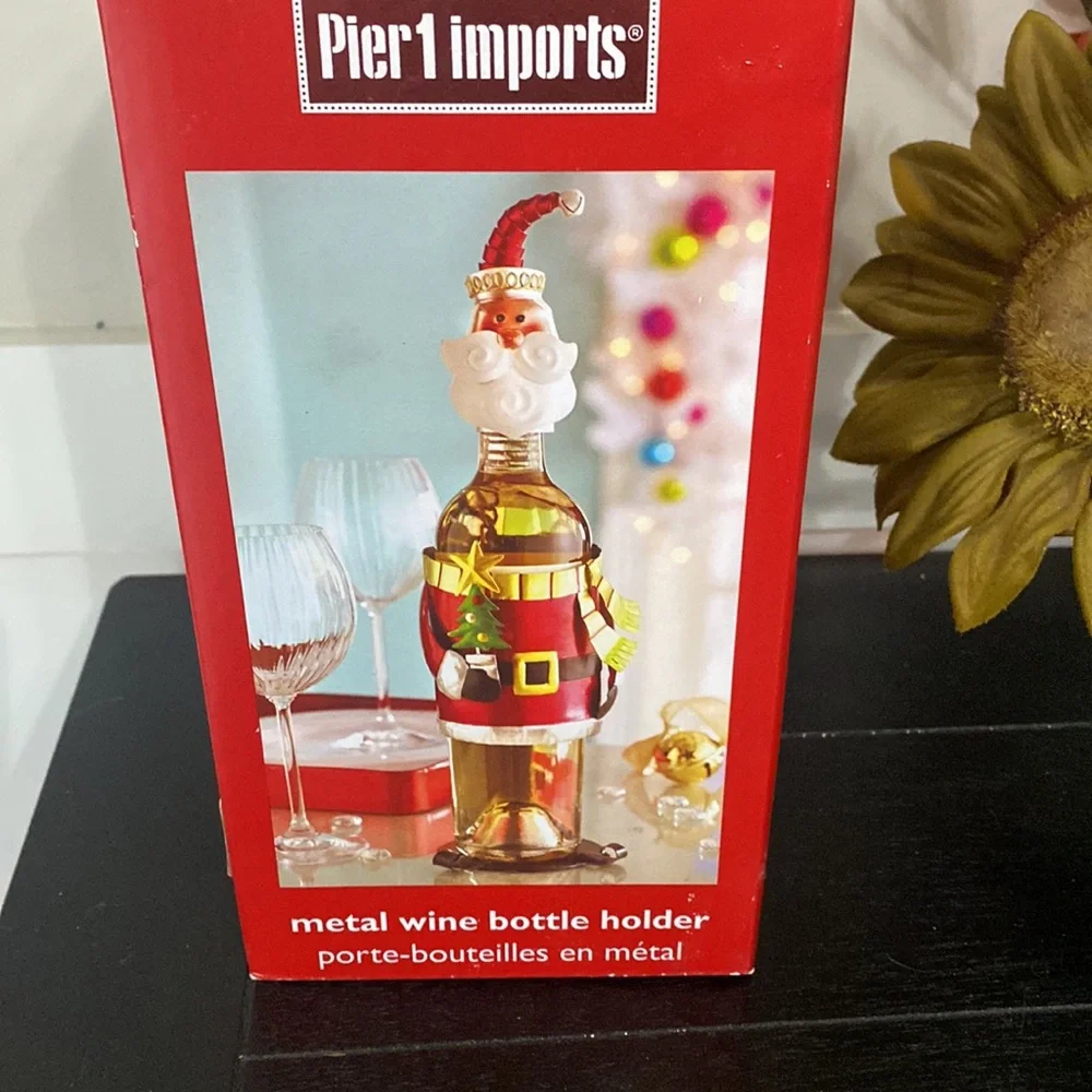 New Pier 1 Metal Santa Wine Bottle Holder Caddy Figurine Holding Tree